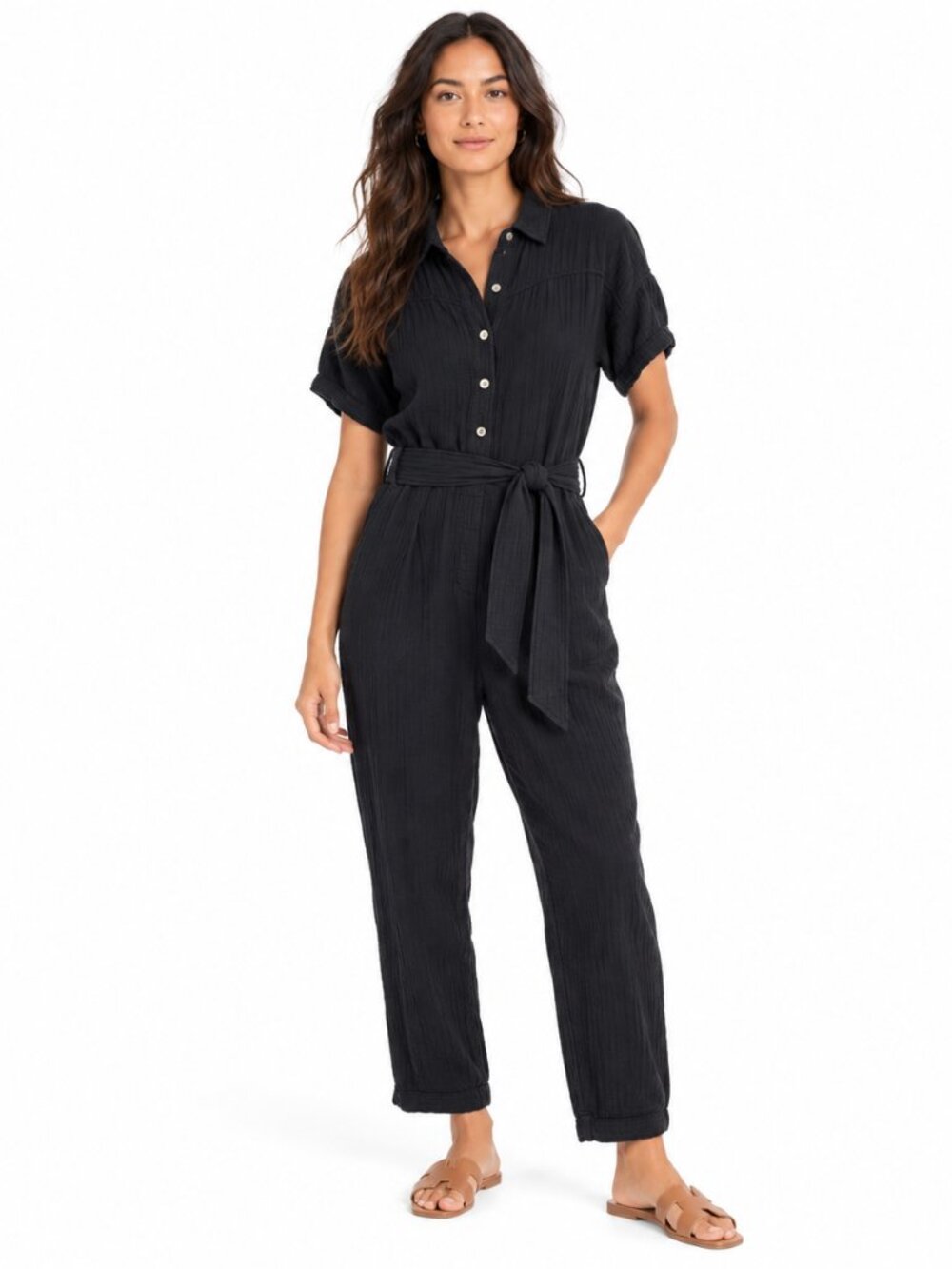 Xirena Theo Black Cotton Gauze Belted Jumpsuit Size S